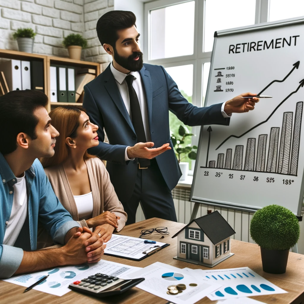  Financial advisor presenting retirement growth chart to a couple in a modern office setting.