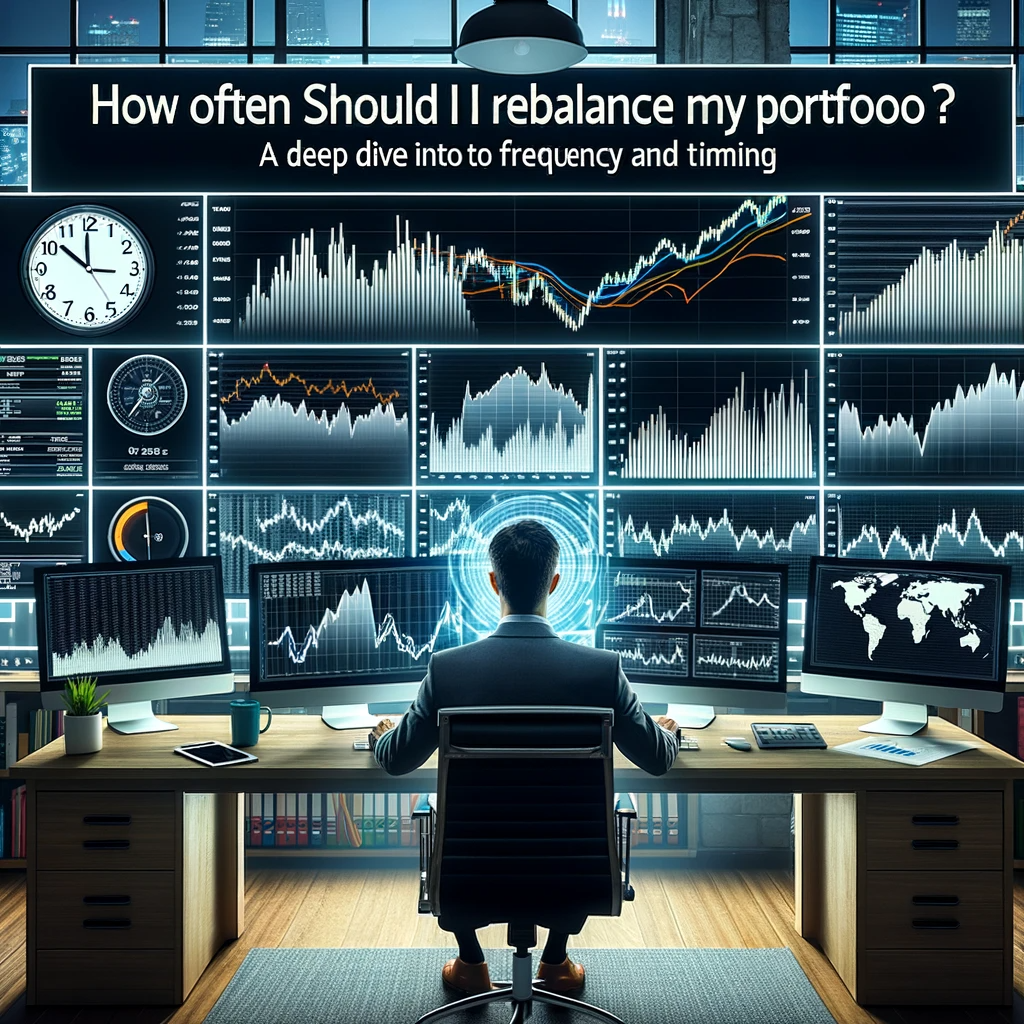 Financial analyst studying portfolio graphs on multiple monitors, with a wall clock indicating the significance of timing, and the title "How Often Should I Rebalance My Portfolio?