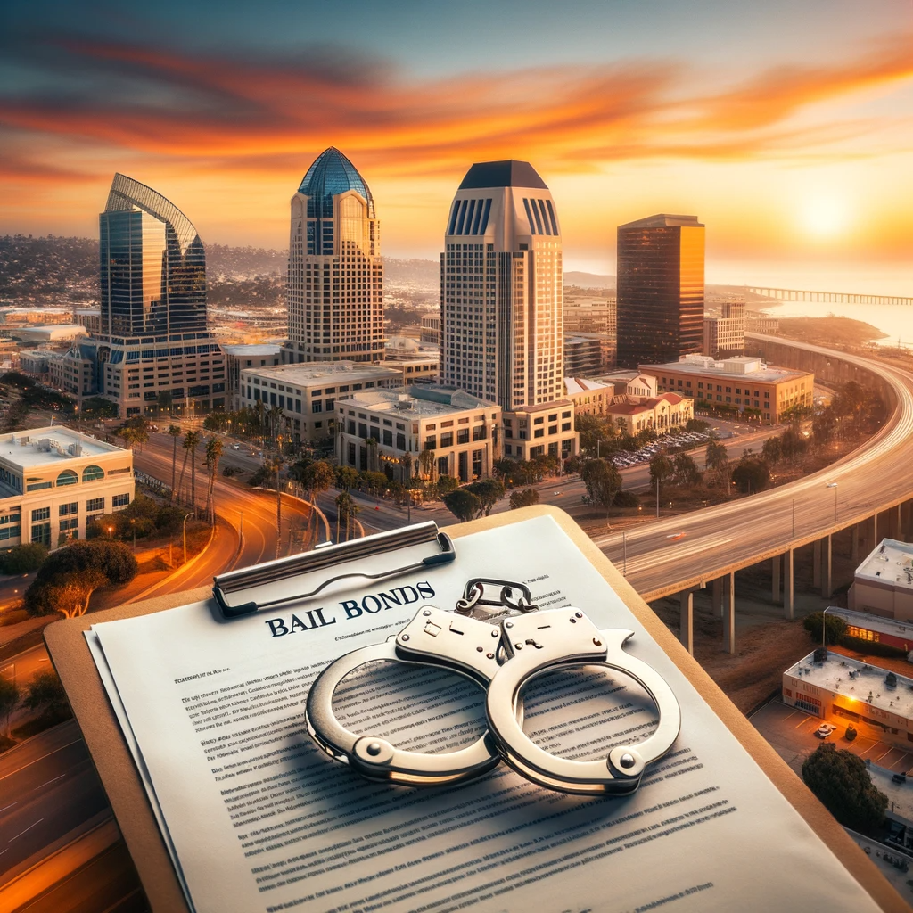 Bail bonds document with handcuffs set against a backdrop of Chula Vista cityscape during sunset.